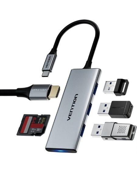 Docking USB Tipo-C Vention TOPHB/ 1xHDMI/ 3xUSB/ 1xLector Tarjetas SD y MicroSD/ Gris