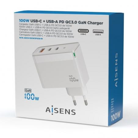 Cargador Gan de Pared Aisens ASCH-100W3P008-W/ 2xUSB Tipo-C/ 1x USB/ 100W