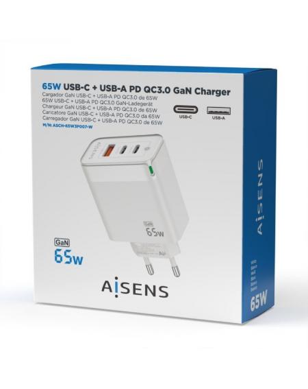 Cargador Gan de Pared Aisens ASCH-65W3P007-W/ 2xUSB Tipo-C/ 1x USB/ 65W