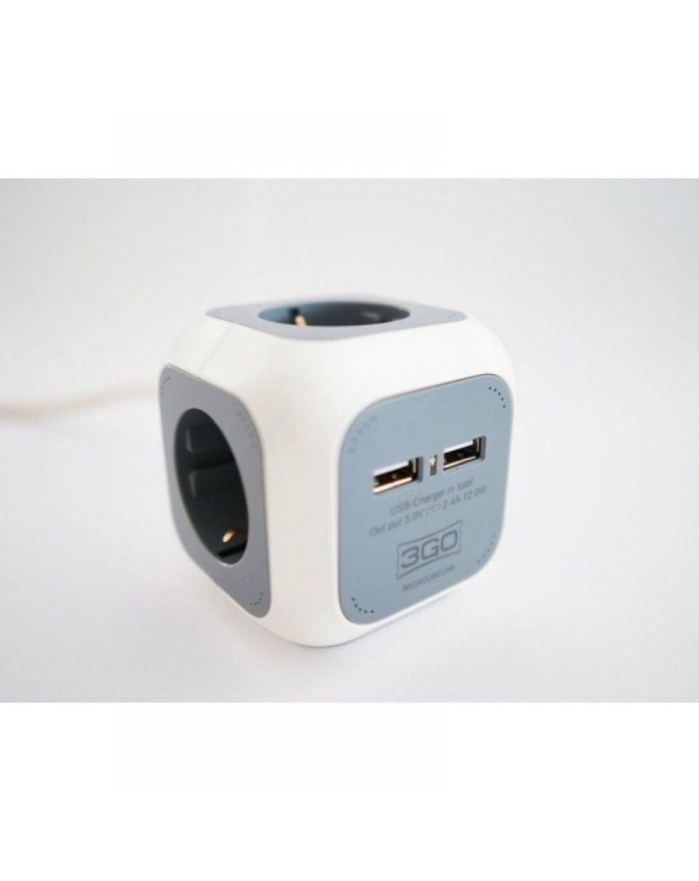 Regleta 3GO REG4CUBEUSB/ 4 Tomas de corriente/ 2 USB/ Cable 1.4m/ Blanca y Gris