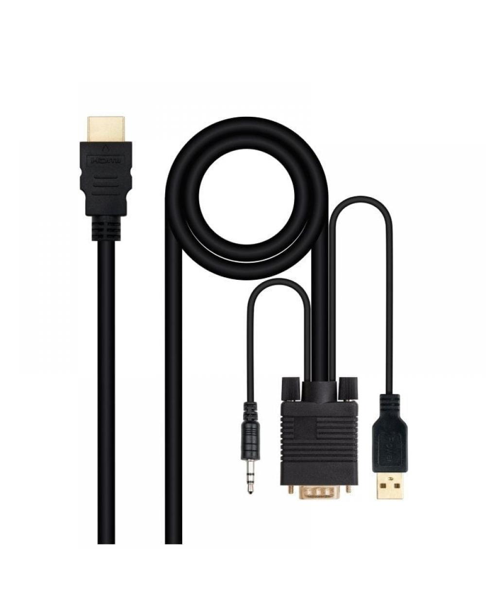 Cable Conversor Nanocable 10.15.4350/ HDMI Macho - VGA Hembra - Jack 3.5 Macho - USB Macho/ 1.8m/ Negro