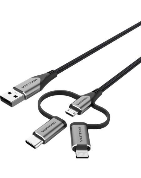 Cable USB Tipo-C Vention CQJHF/ USB Macho/ USB Tipo-C Macho - MicroUSB Macho - Lightning Macho/ 1m/ Gris