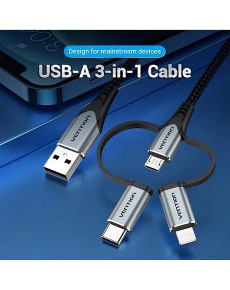 Cable USB Tipo-C Vention CQJHF/ USB Macho/ USB Tipo-C Macho - MicroUSB Macho - Lightning Macho/ 1m/ Gris