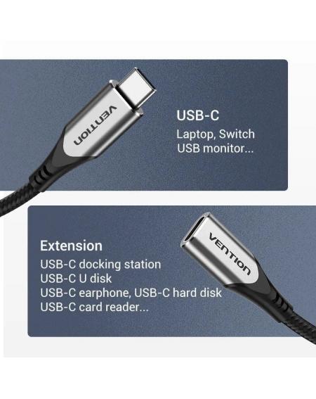 Cable Alargador USB 3.1 Tipo-C Vention TABHF/ USB Tipo-C Macho - USB Tipo-C Hembra/ 1m/ Gris