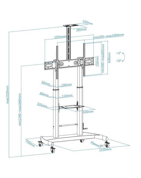 Soporte de Pie Inclinable/Nivelable con Ruedas TooQ FS20404HM-B para TV de 60-100'/ hasta 100kg