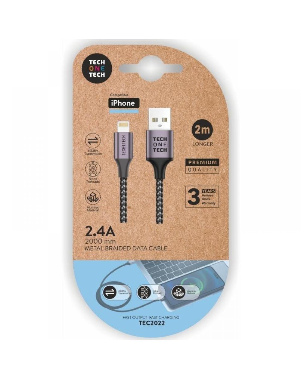 Cable USB 2.0 Tech One Tech TEC2022/ USB Macho - Lightning Macho/ 2m/ Gris