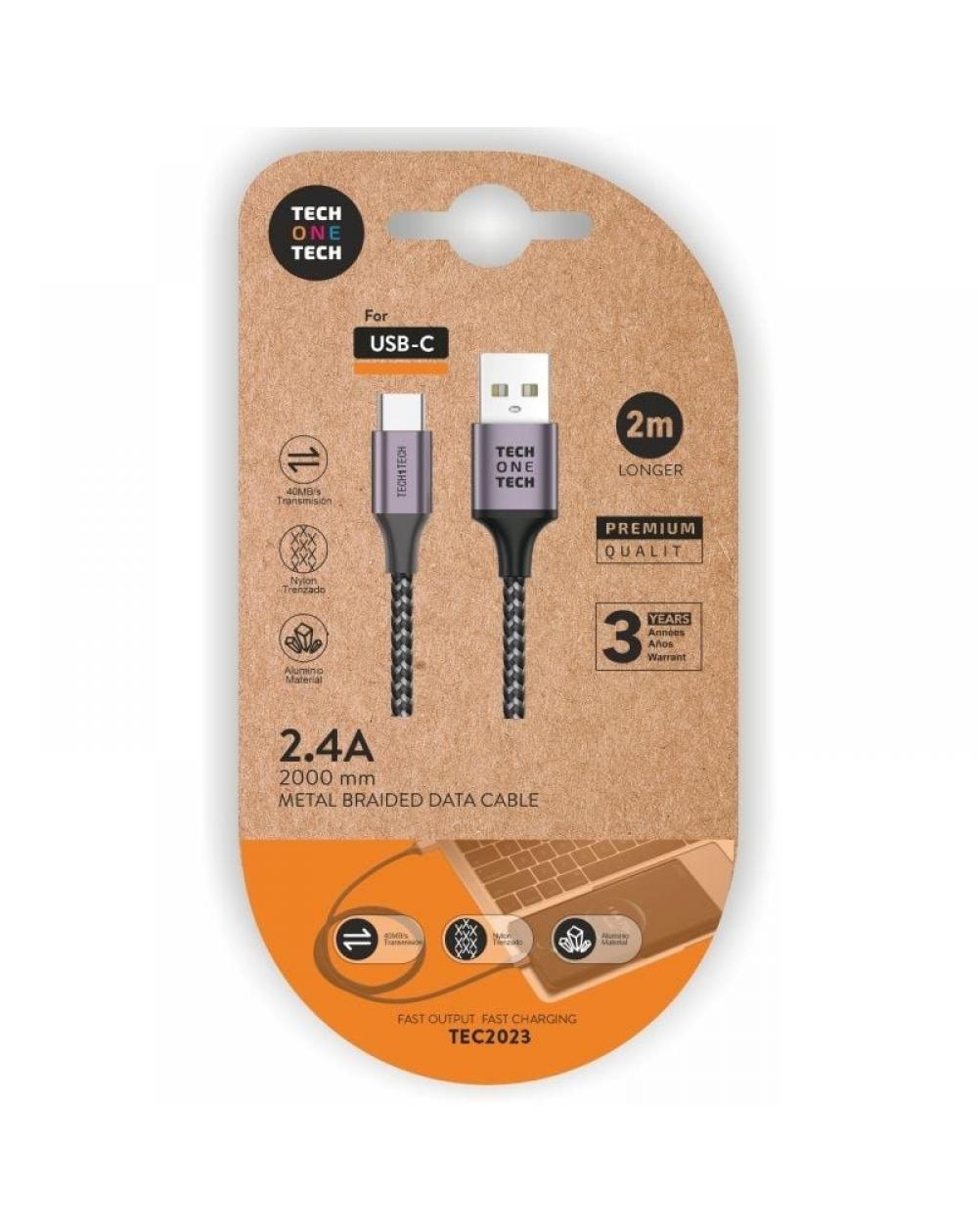 Cable USB 2.0 Tech One Tech TEC2023/ USB Tipo-C Macho - USB Macho/ 2m/ Gris