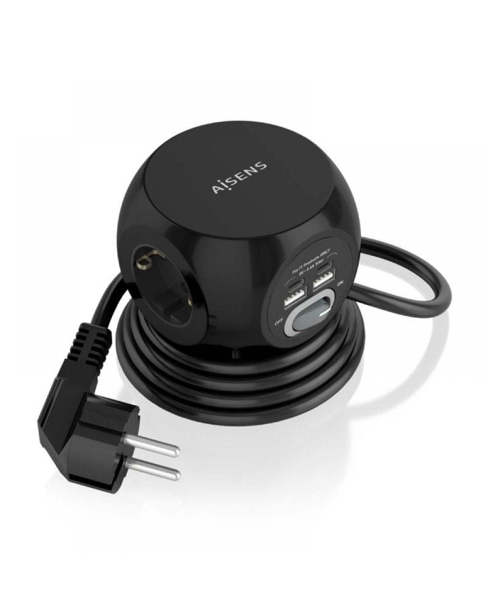 Regleta con Interruptor Aisens ASPS-2A2C05-BK/ 3 Tomas de Corriente/ 2 USB Tipo-C/ 2 USB/ Cable 1.4m/ Negro