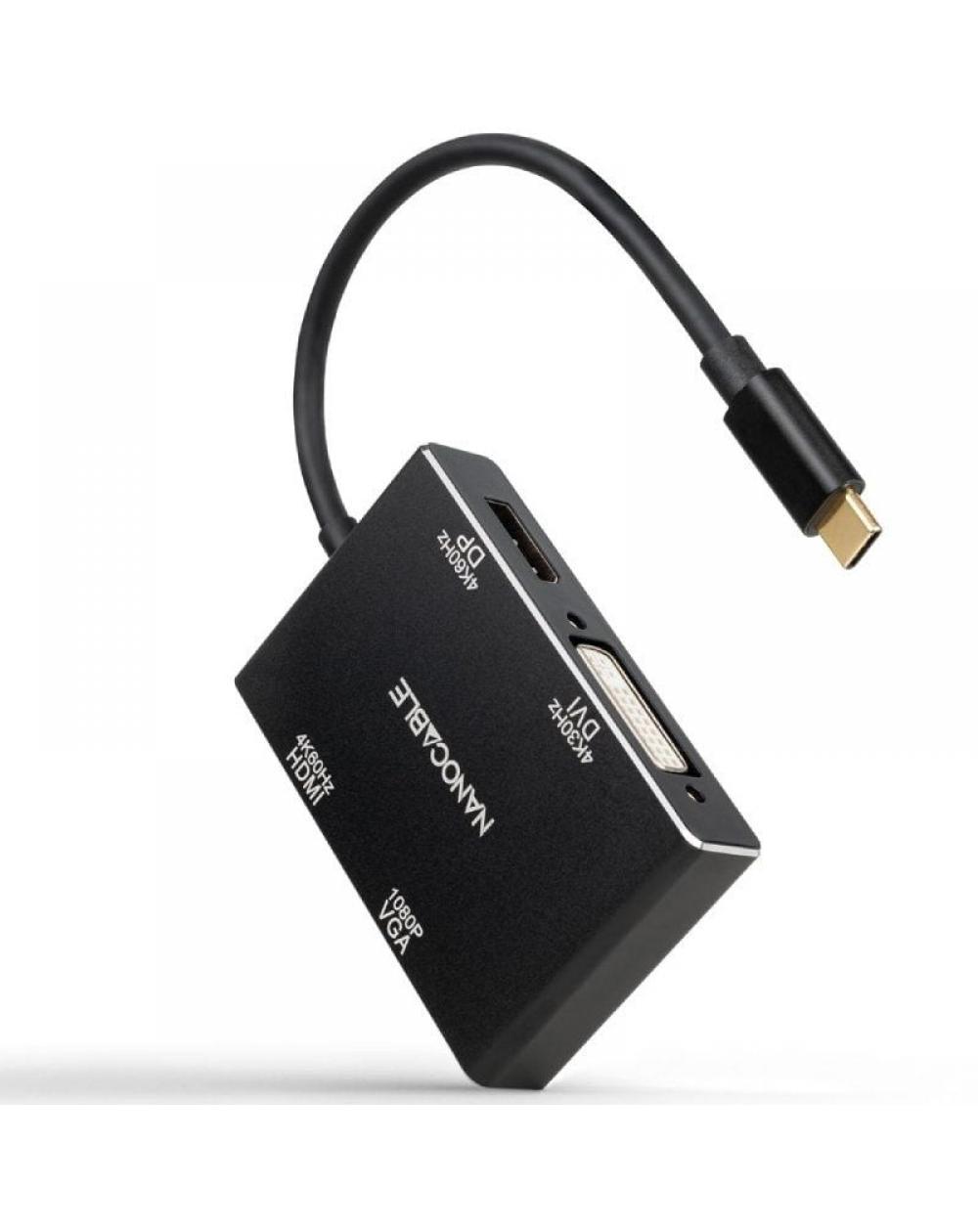 Conversor Nanocable 10.16.4307/ USB Tipo-C Macho - VGA Hembra/ DVI Hembra/ HDMI Hembra/ DisplayPort Hembra/ 10cm/ Negro