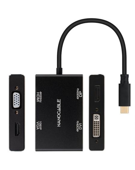 Conversor Nanocable 10.16.4307/ USB Tipo-C Macho - VGA Hembra/ DVI Hembra/ HDMI Hembra/ DisplayPort Hembra/ 10cm/ Negro