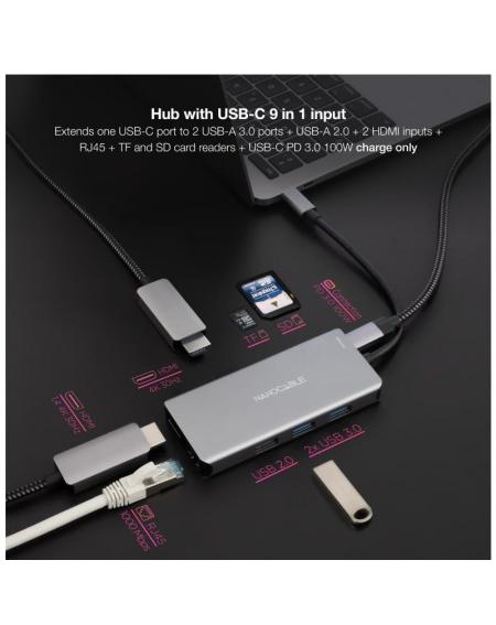 Docking Tipo-C Nanocable 10.16.1009/ 3xUSB/ 2xHDMI 4K/ 1xRJ45/ 1xLector tarjetas/ 1xUSB Tipo-C PD/ Gris