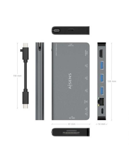 Docking USB Tipo-C Aisens ASUC-8P015-GR/ 1xHDMI/ 3xUSB/ 1xRJ45/ 1xLector Tarjetas / 1xUSB Tipo-C/ Gris