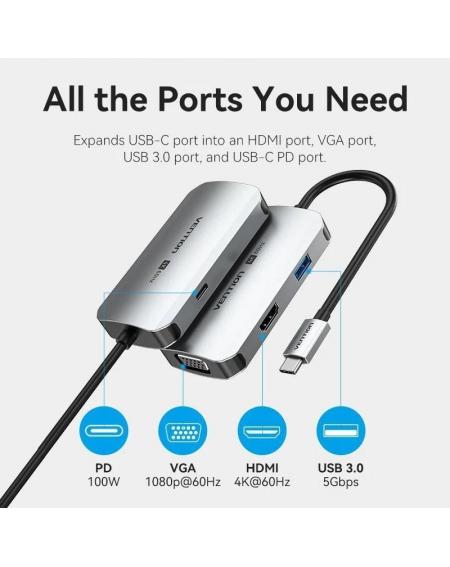 Docking USB Tipo-C Vention TQAHB/ 1xHDMI/ 1xUSB/ 1xVGA/ 1xUSB Tipo-C PD/ Gris