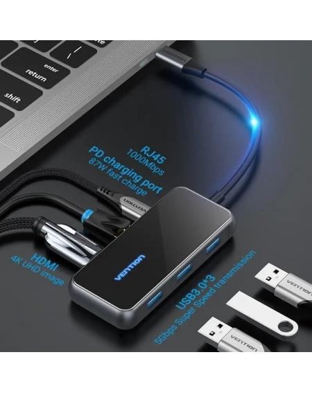 Docking USB Tipo-C Vention TFFHB/ 1xHDMI 4K/ 3xUSB/ 1xRJ45/ 1xUSB Tipo-C PD/ Gris