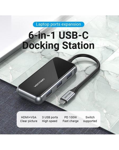 Docking USB Tipo-C Vention TFJHB/ 1xHDMI 4K/ 3xUSB/ 1xVGA/ 1xUSB Tipo-C PD/ Gris