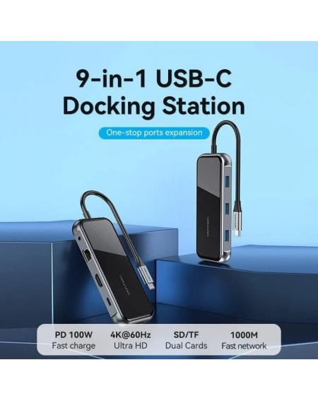 Docking USB Tipo-C Vention TFLHB/ 1xHDMI 4K/ 3xUSB/ 1xRJ45/ 1xLector de Tarjetas/ 1xTRRS 3.5/ 1xUSB Tipo-C PD/ Gris
