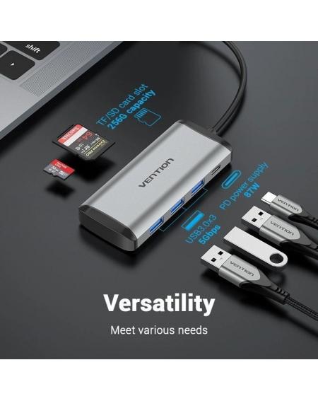 Docking USB Tipo-C Vention TGRHB/ 3xUSB/ 1xLector Tarjetas/ 1xUSB Tipo-C PD/ Gris