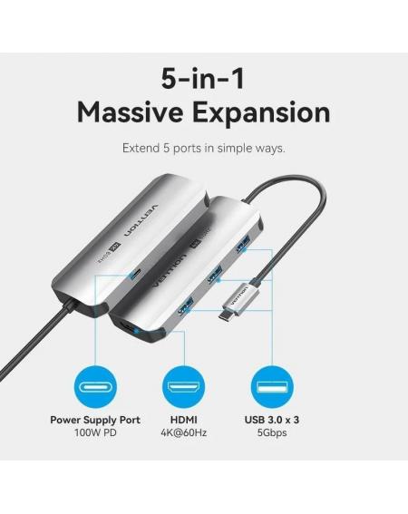 Docking USB Tipo-C Vention TQDHB/ 1xHDMI 4K/ 3xUSB/ 1xUSB Tipo-C PD/ Gris