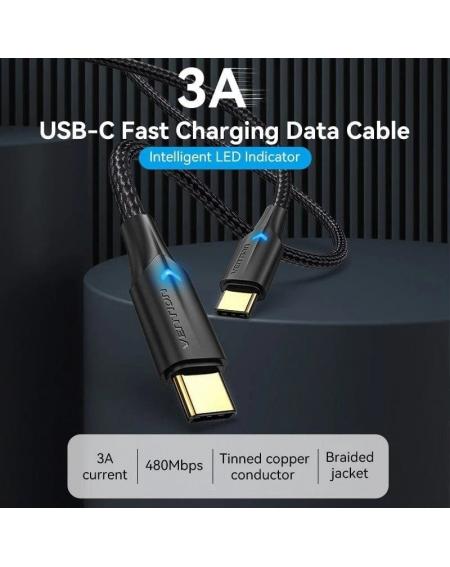 Cable USB 2.0 Tipo-C 3A Vention TAUBD/ USB Tipo-C Macho - USB Tipo-C Macho/ Hasta 60W/ 480Mbps/ 50cm/ Negro