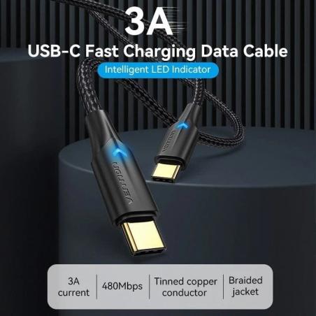 Cable USB 2.0 Tipo-C 3A Vention TAUBI/ USB Tipo-C Macho - USB Tipo-C Macho/ Hasta 60W/ 480Mbps/ 3m/ Negro