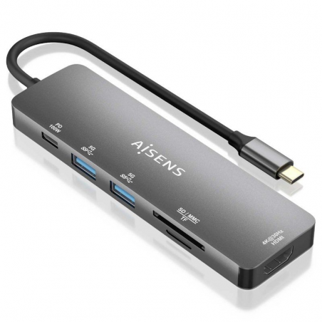 Docking USB Tipo-C Aisens ASUC-6P016-GR/ 1xHDMI/ 2xUSB/ 1xLector Tarjetas/ 1xUSB Tipo-C PD/ Gris