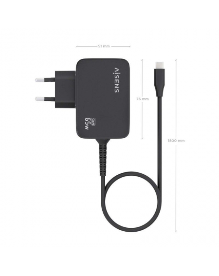 Cargador Gan de Pared Aisens ASCH-1PD65WL033-BK/ 1xUSB Tipo-C + Cable 1.8m/ 65W