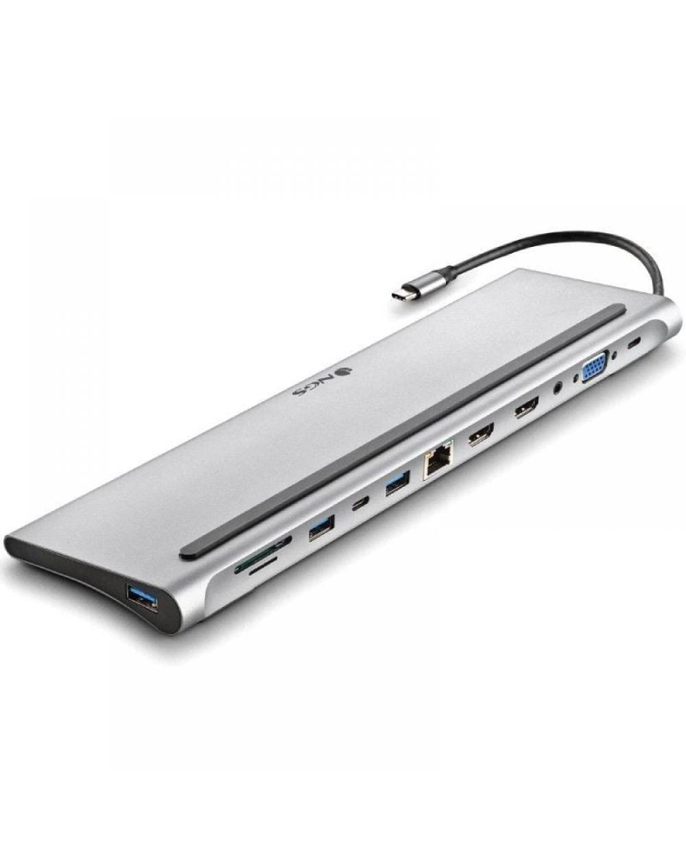 Docking USB Tipo-C NGS WonderDock12/ 3xUSB/ 2xHDMI/ 1xVGA/ 1xRJ45/ 1xLector de Tarjetas/ 1xJack 3.5/ 1xUSB Tipo-C PD/ Gris