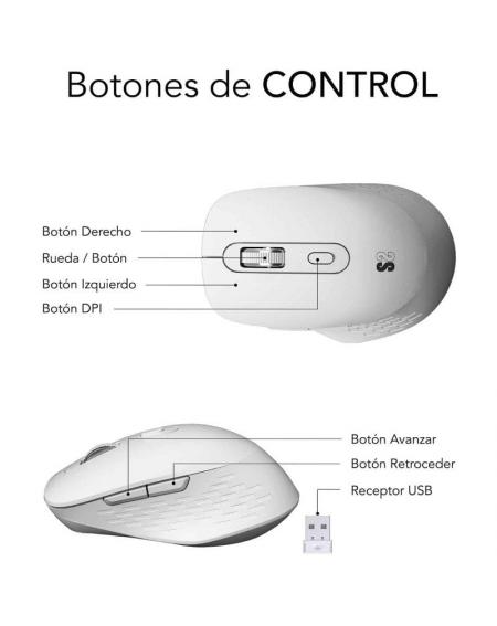 Ratón Ergonómico Inalámbrico por Bluetooth/ 2.4GHz Subblim Curve Ergo Dual Battery/ Batería recargable/ Hasta 1600 DPI/ Blanco