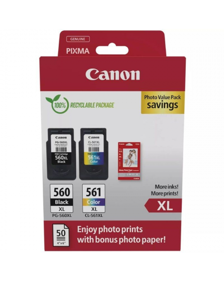 Cartucho de Tinta Original Canon PG-560XL + CL-561XL Multipack Alta Capacidad/ Negro/ Tricolor + Papel Fotográfico