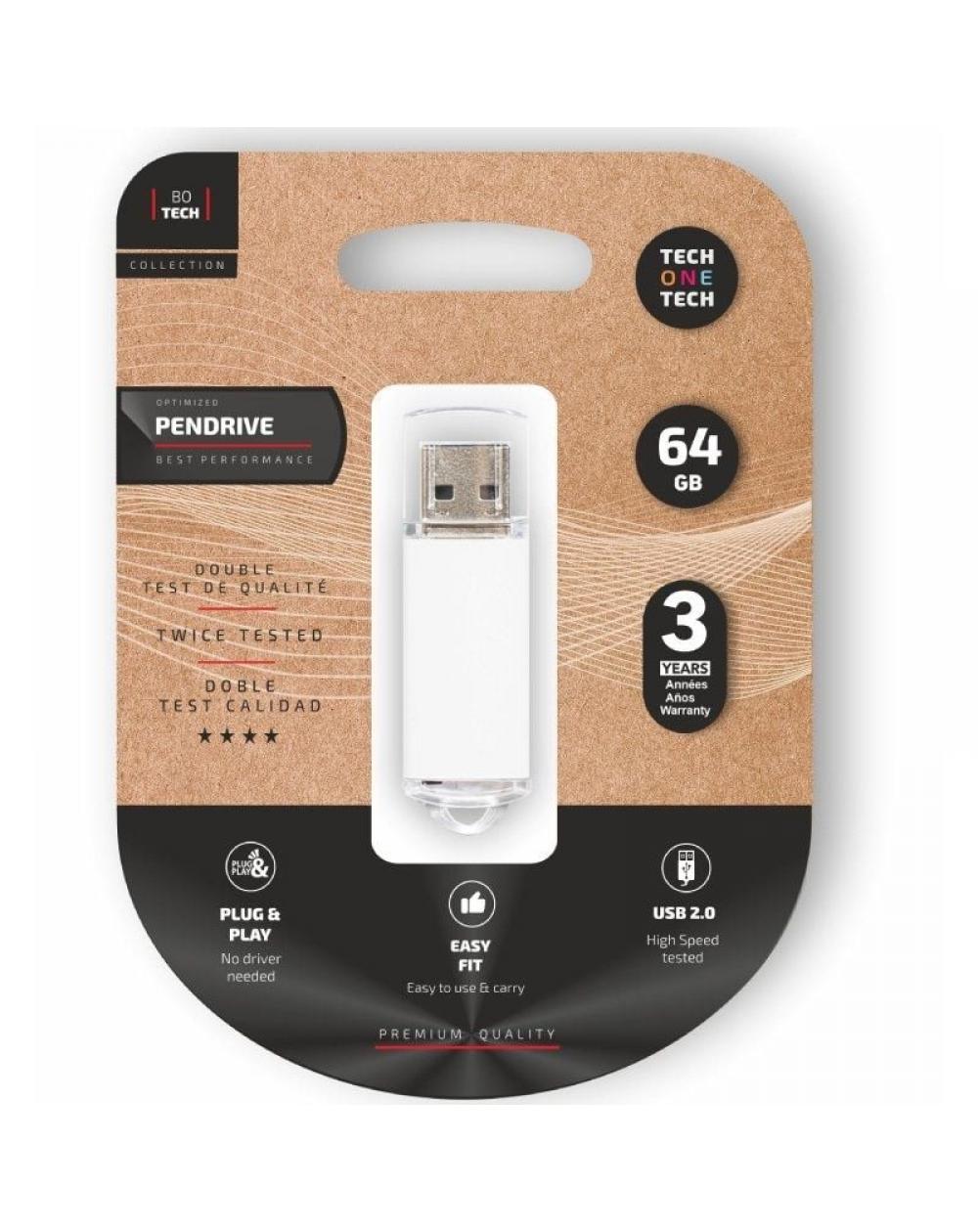 Pendrive 64GB Tech One Tech Basic USB 2.0/ Blanco