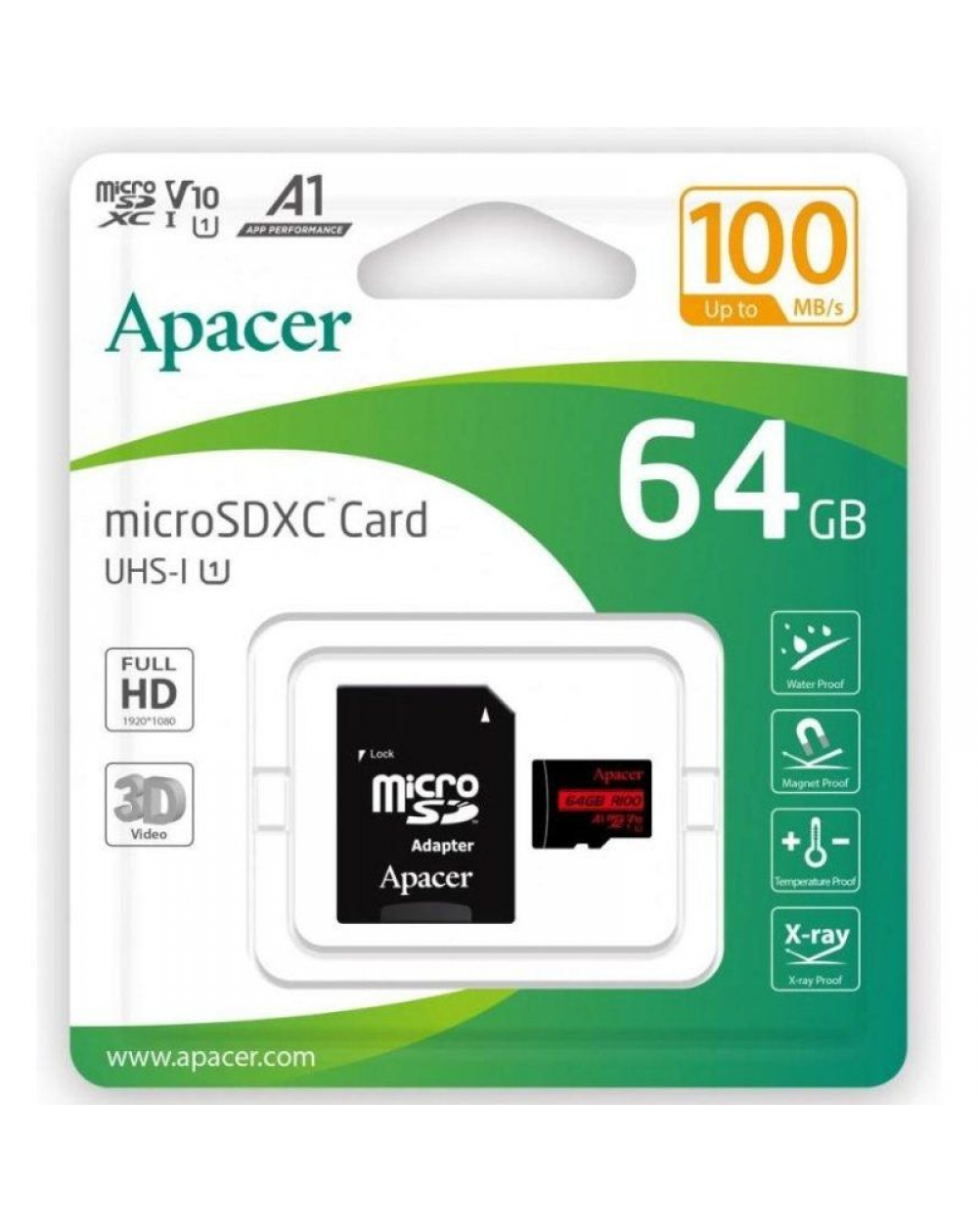 Tarjeta de Memoria Apacer 64GB XC UHS 1 con Adaptador/ Clase 10/ 100MBs