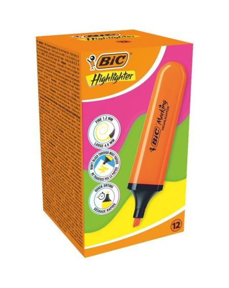 Caja de Marcadores Fluorescentes Bic Highlighter Flat Neón/ 12 unidades/ Naranjas