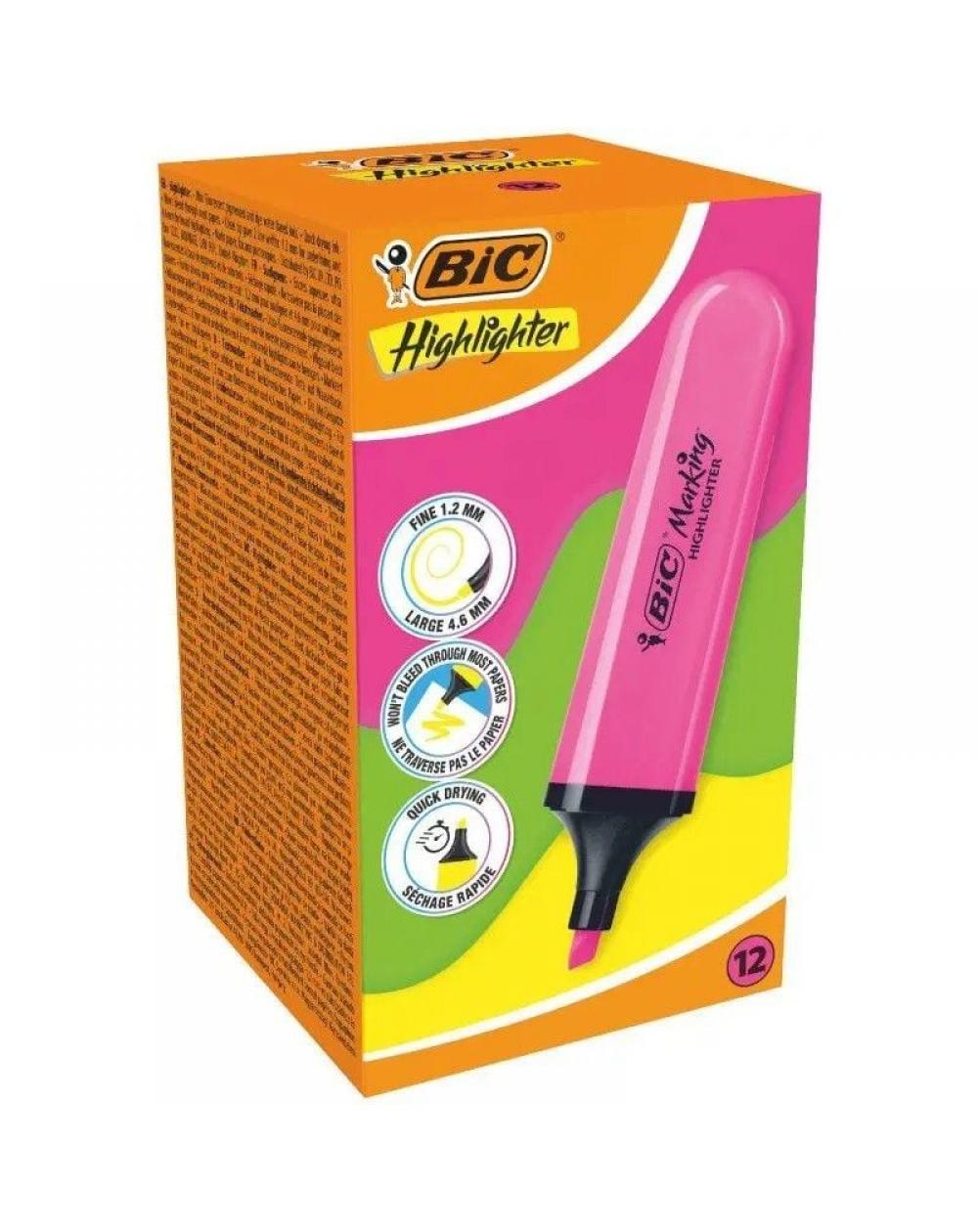 Caja de Marcadores Fluorescentes Bic Highlighter Flat Neón/ 12 unidades/ Rosas