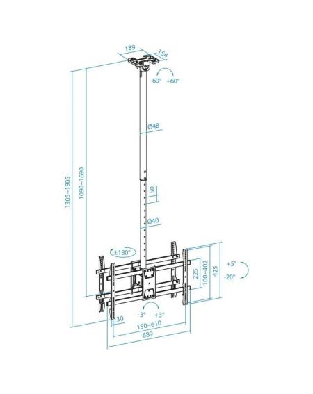 Soporte de Techo Giratorio/ Inclinable/ Nivelable TooQ LPCE2286TSLI-XL-B para 2 TV de 43-86'/ hasta 100kg