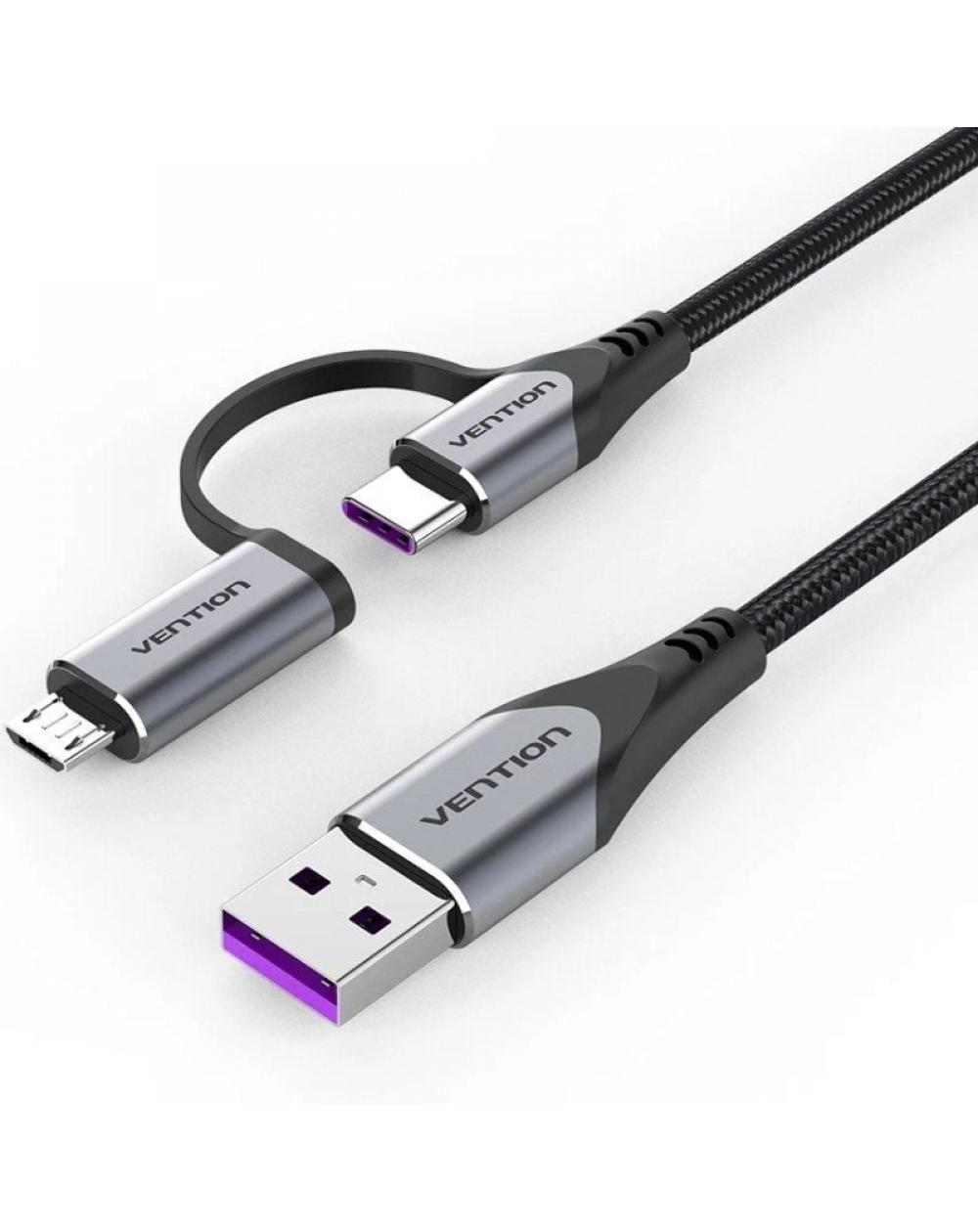 Cable USB 2.0 Vention CQFHF/ USB Tipo-C Macho - MicroUSB Macho/ USB Macho/ 480Mbps/ 1m/ Gris