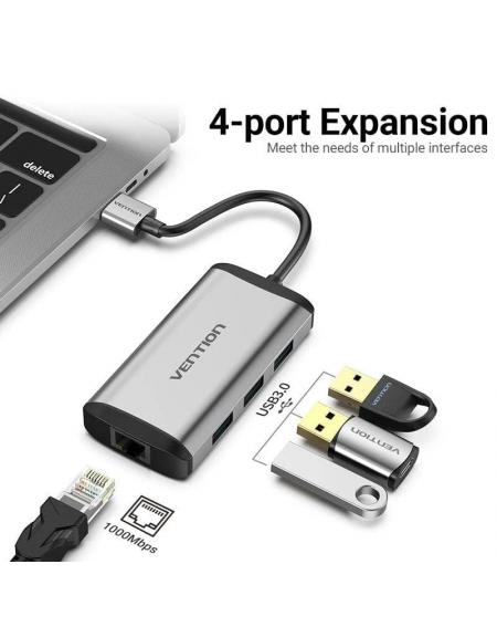 Hub USB 3.0 Vention CKBHB/ 3xUSB/ 1xRJ45/ Gris