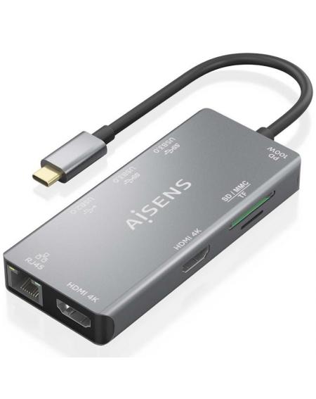 Docking USB Tipo-C Aisens ASUC-9P018-GR/ 2xHDMI/ 3xUSB/ 1xRJ45/ 1xLector Tarjetas/ 1xUSB Tipo-C PD/ Gris