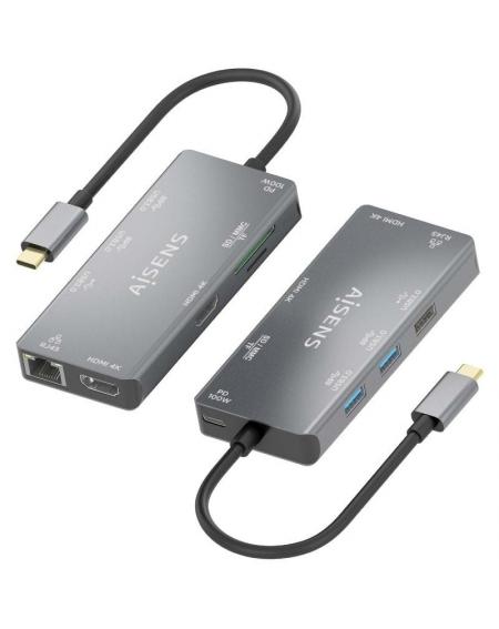 Docking USB Tipo-C Aisens ASUC-9P018-GR/ 2xHDMI/ 3xUSB/ 1xRJ45/ 1xLector Tarjetas/ 1xUSB Tipo-C PD/ Gris