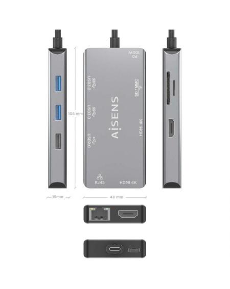 Docking USB Tipo-C Aisens ASUC-9P018-GR/ 2xHDMI/ 3xUSB/ 1xRJ45/ 1xLector Tarjetas/ 1xUSB Tipo-C PD/ Gris