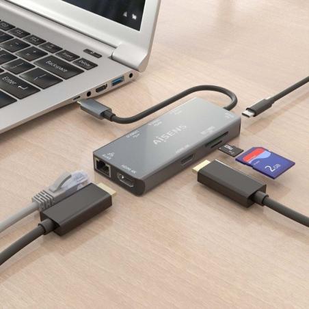 Docking USB Tipo-C Aisens ASUC-9P018-GR/ 2xHDMI/ 3xUSB/ 1xRJ45/ 1xLector Tarjetas/ 1xUSB Tipo-C PD/ Gris