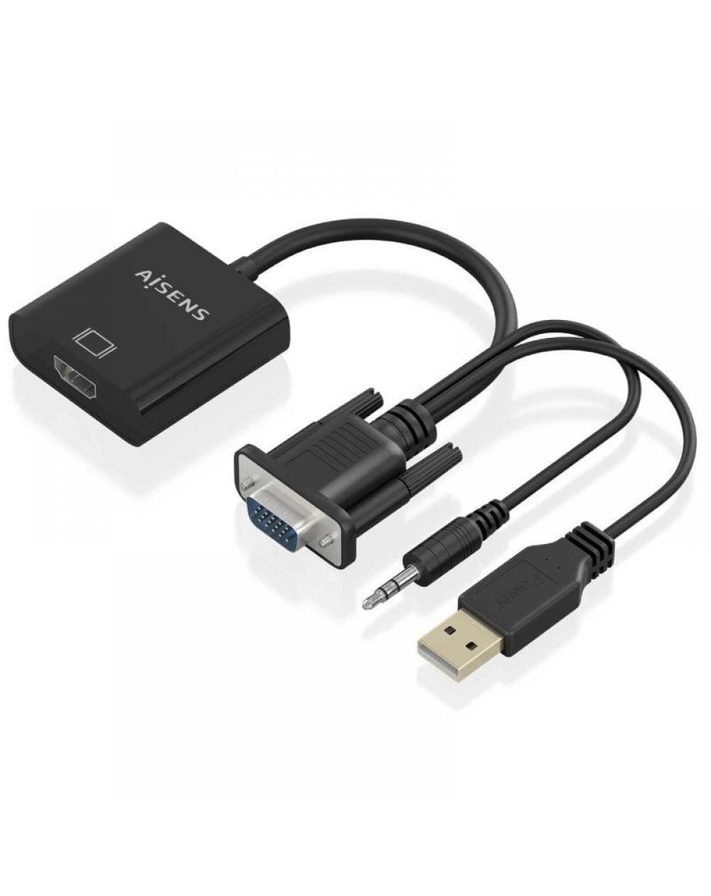 Cable Conversor Aisens A115-0872 SVGA Macho - USB Macho/ Jack Macho - HDMI Hembra/ 20cm/ Negro