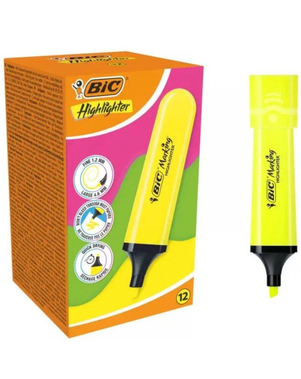 Caja de Marcadores Fluorescentes Bic Highlighter Flat Neón/ 12 unidades/ Amarillos