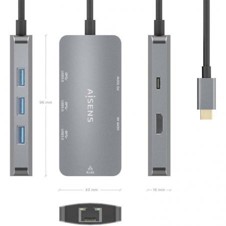 Docking USB Tipo-C Aisens ASUC-6P019-GR/ 1xHDMI/ 3xUSB/ 1xRJ45/ 1xUSB Tipo-C PD/ Gris