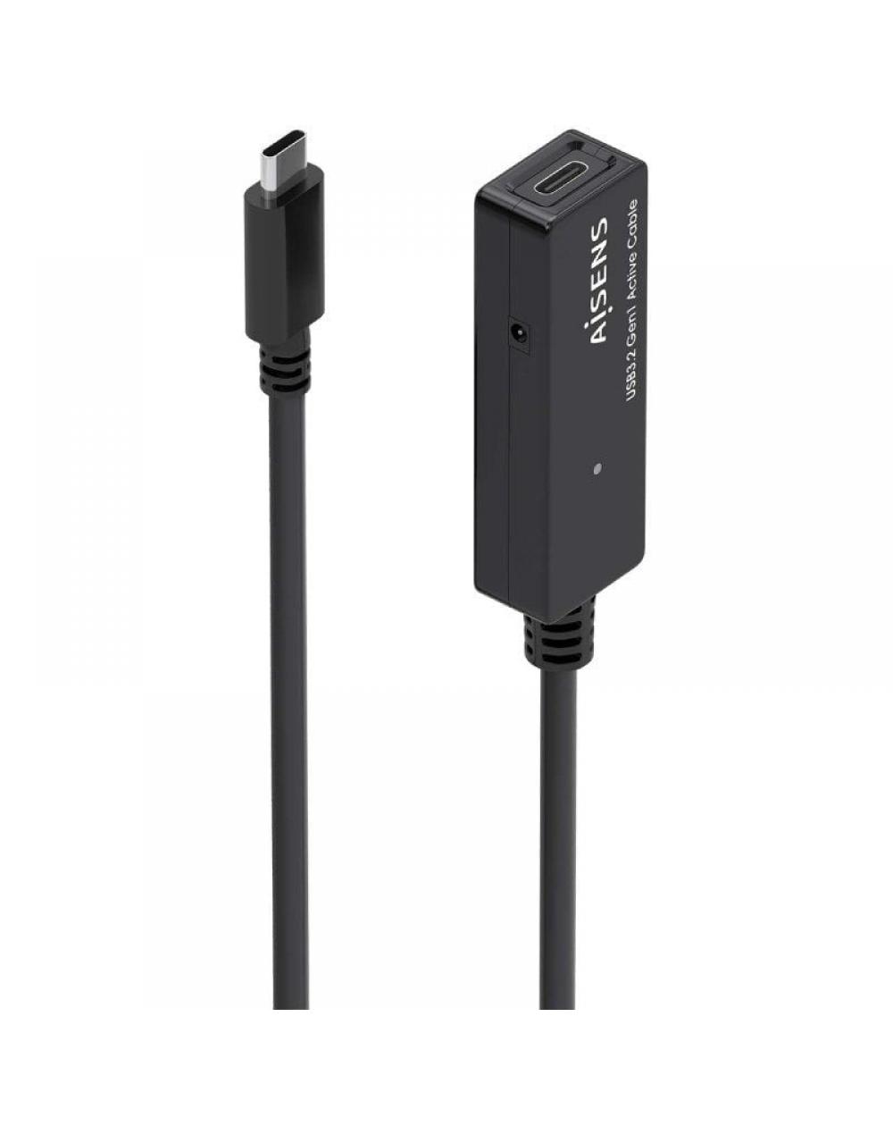 Cable Alargador USB 3.2 con Amplificador Aisens A107-0869/ USB Tipo-C Macho - USB Tipo-C Hembra/ Hasta 100W/ 20Gbps/ 5m/ Negro