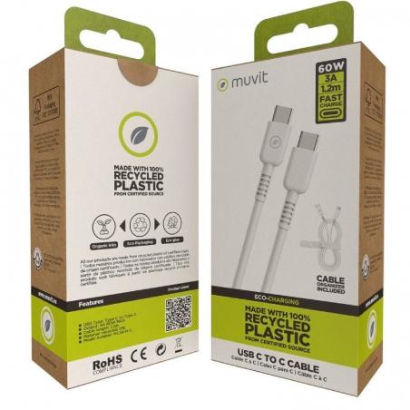 Cable USB 2.0 Tipo-C Muvit For Change MCUSC0008/ USB Tipo-C Macho - USB Tipo-C/ Hasta 60W/ 1.2m/ Blanco