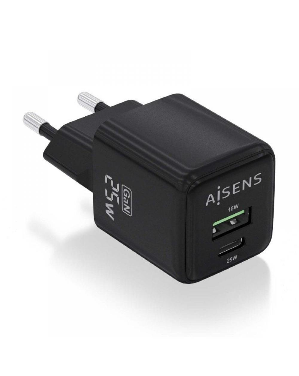 Cargador Gan de Pared Aisens ASCH-25W2P015-BK/ 1xUSB Tipo-C/ 1xUSB/ 25W