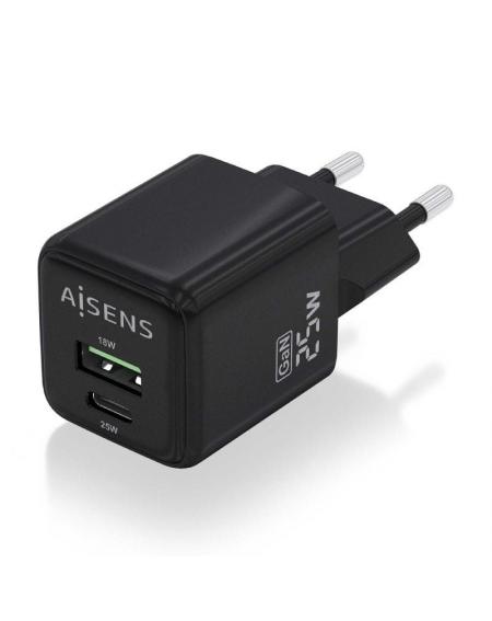 Cargador Gan de Pared Aisens ASCH-25W2P015-BK/ 1xUSB Tipo-C/ 1xUSB/ 25W