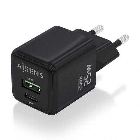 Cargador Gan de Pared Aisens ASCH-25W2P015-BK/ 1xUSB Tipo-C/ 1xUSB/ 25W