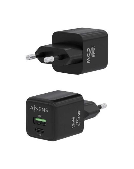 Cargador Gan de Pared Aisens ASCH-25W2P015-BK/ 1xUSB Tipo-C/ 1xUSB/ 25W