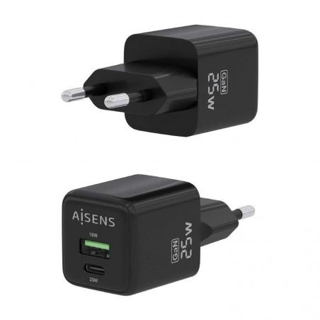 Cargador Gan de Pared Aisens ASCH-25W2P015-BK/ 1xUSB Tipo-C/ 1xUSB/ 25W